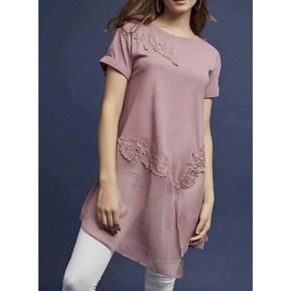 Akemi + Kin Pink Tunic Dress Embroidered Floral Crochet Asymmetrical Hem S